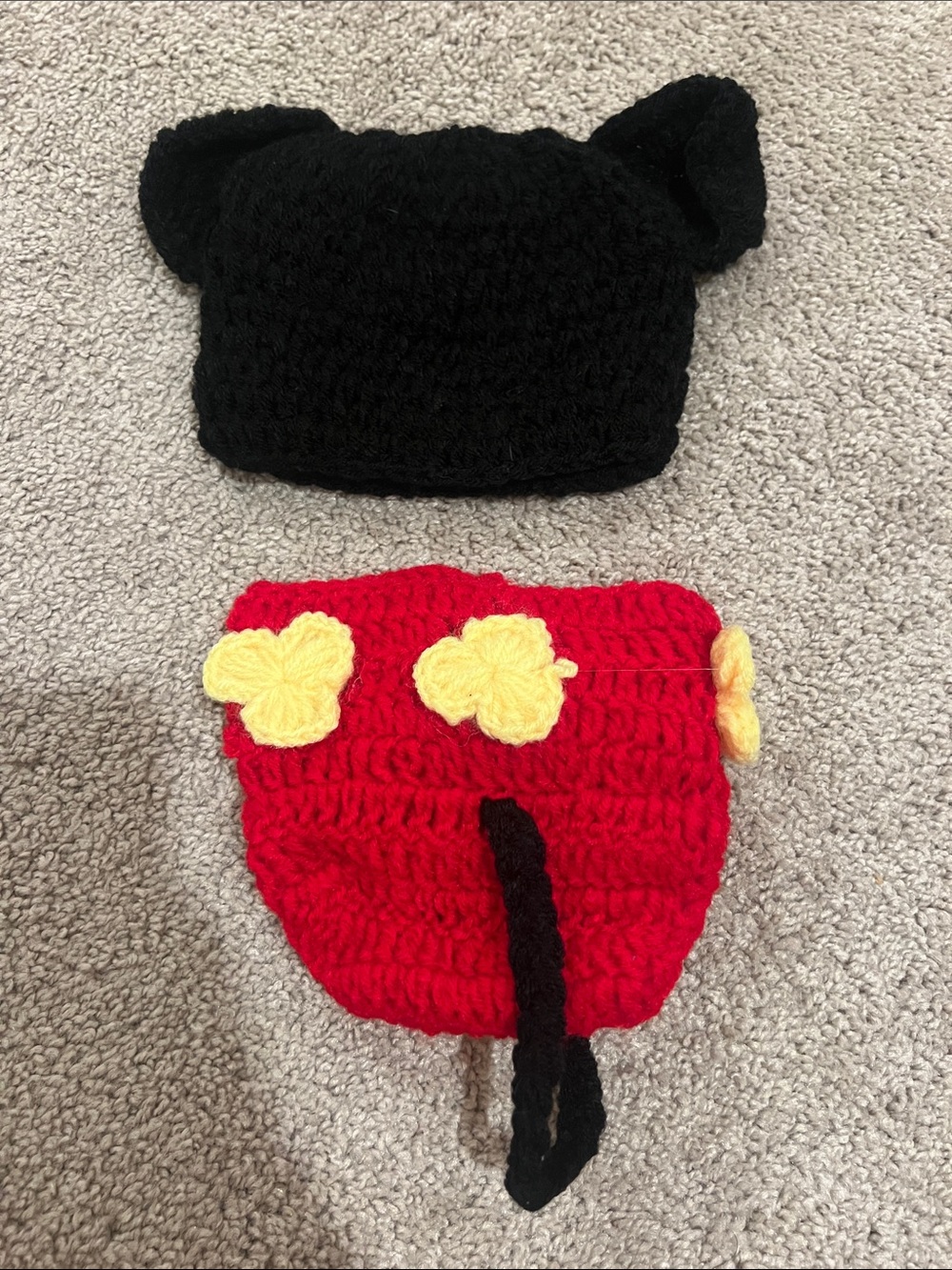 Kids Crochet Cartoon Mouse Costume Hat and Diaper Cover Set - Black and Red